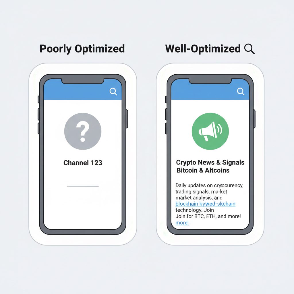 Comparison of a poorly optimized Telegram profile vs. a well-optimized one, showing keyword use in the name and description.