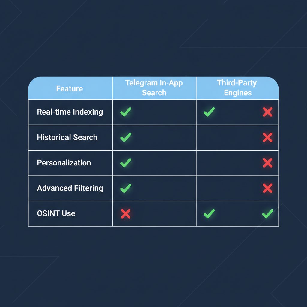 A comparison table graphic showing side-by-side features of Telegram's native search versus third-party search engines, with checkmarks and 'X' marks for features like 'Real-time results', 'Historical post search', 'Personalized results', and 'OSINT capabilities'.
