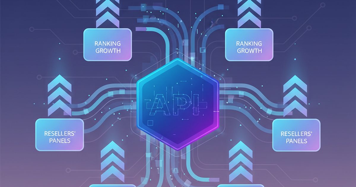 An abstract illustration showing a central API node distributing data to several smaller reseller panels, with arrows pointing up to signify growth.