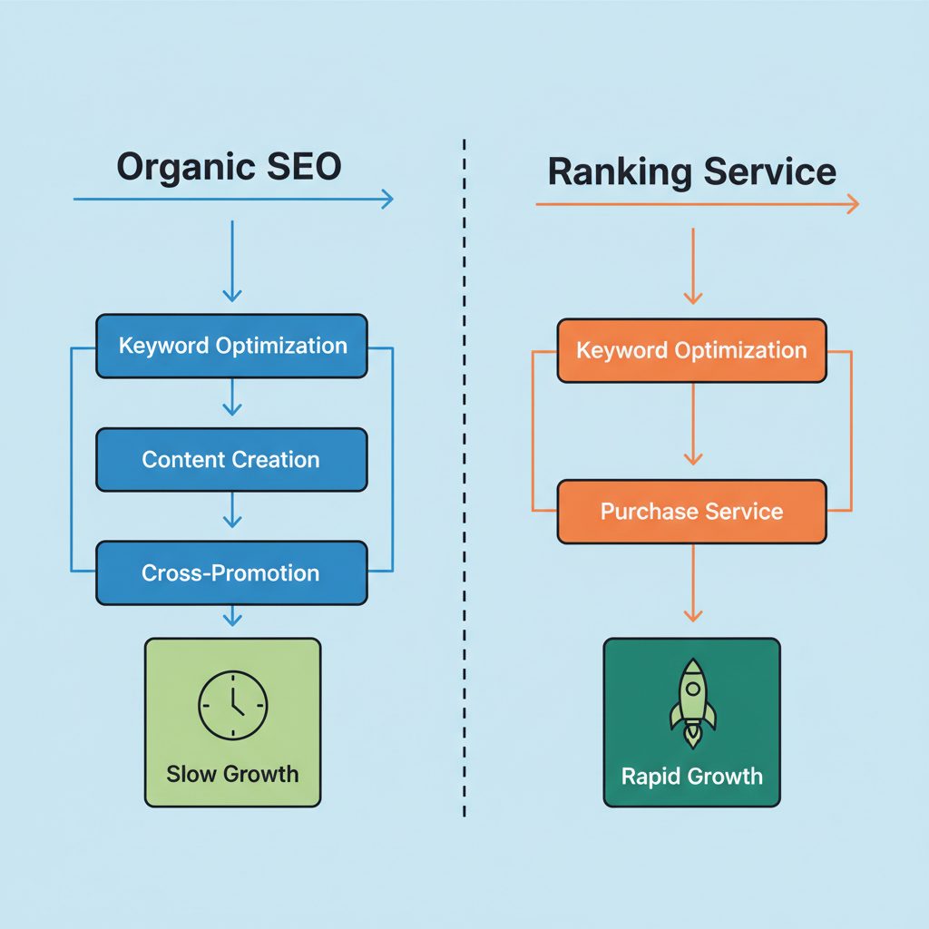 Flowchart comparing Organic SEO (slow growth) with a Ranking Service (rapid growth).