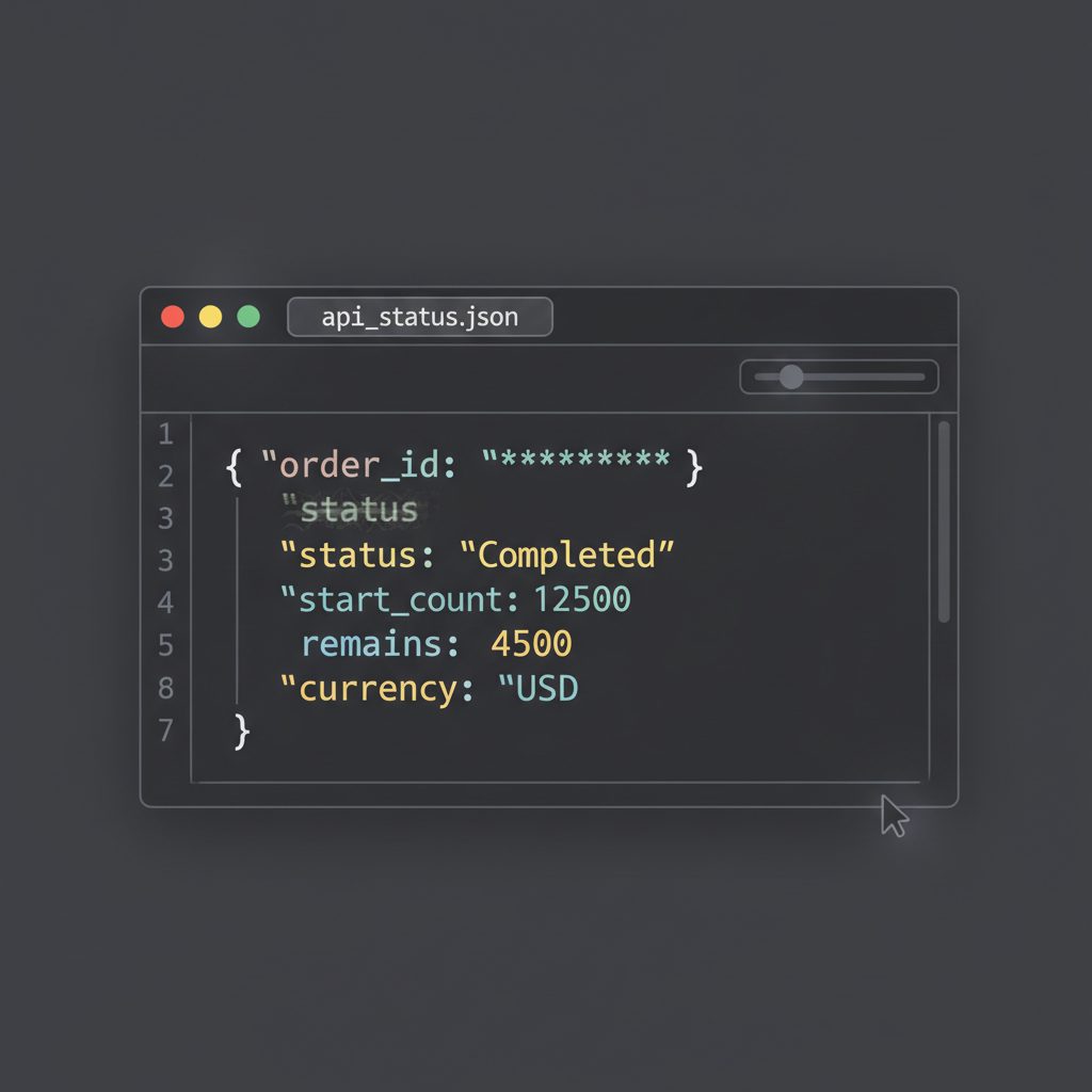 Sample JSON response from a Telegram growth API, showing fields for order_id, status, and start_count in a code editor.