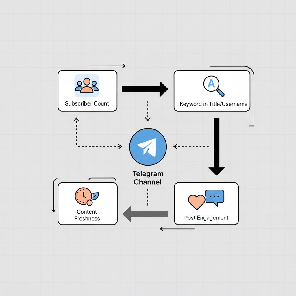Diagram of Telegram's search ranking algorithm, which weighs factors like channel name, subscriber count, and post freshness.