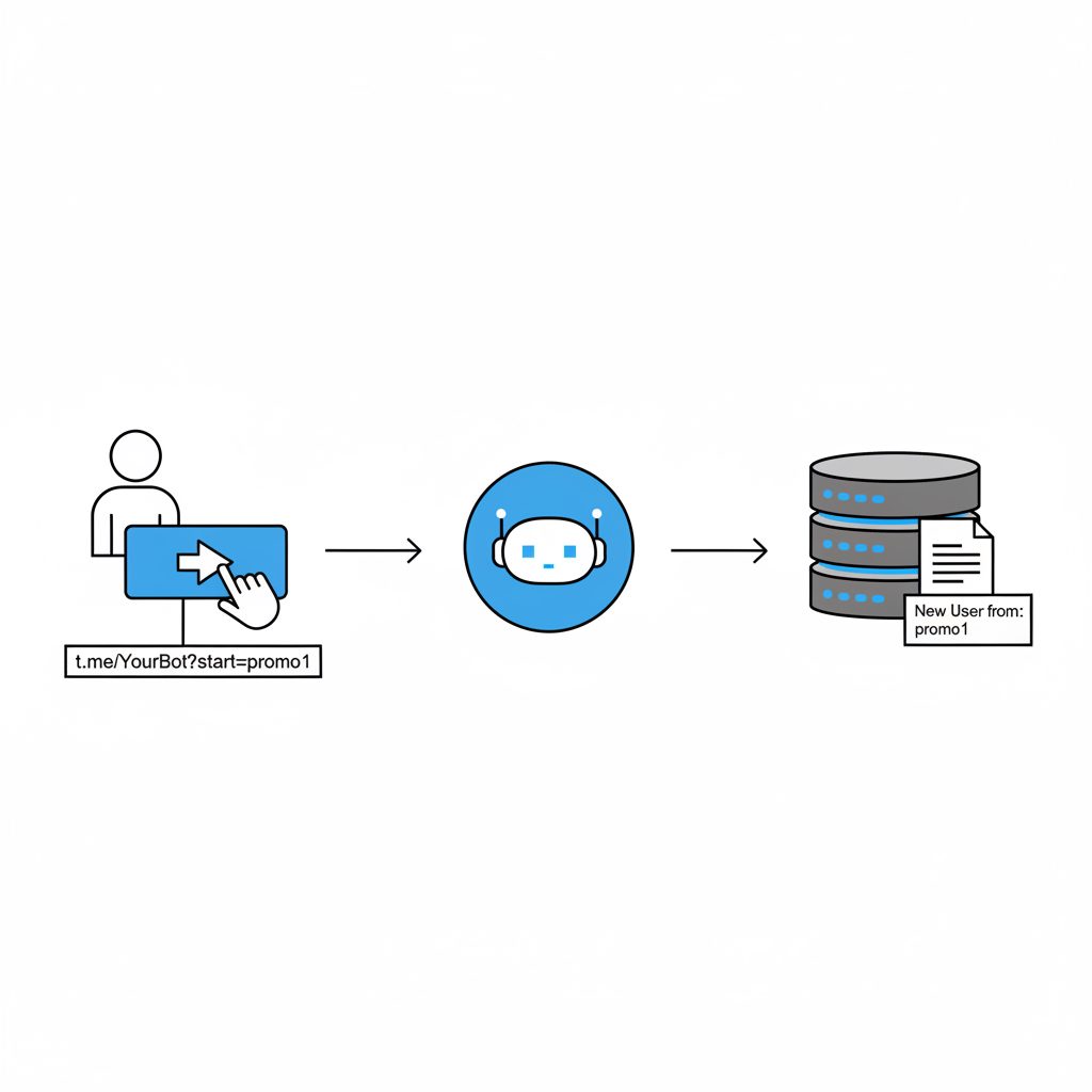 A diagram showing the user flow of a tracked bot start link. It shows a user clicking a promotional link, which contains a start parameter, and the bot's server logging that parameter to attribute the new user to the campaign.