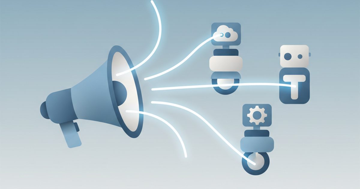 An illustration showing a megaphone symbolizing promotion, directing attention towards several abstract Telegram bot icons.