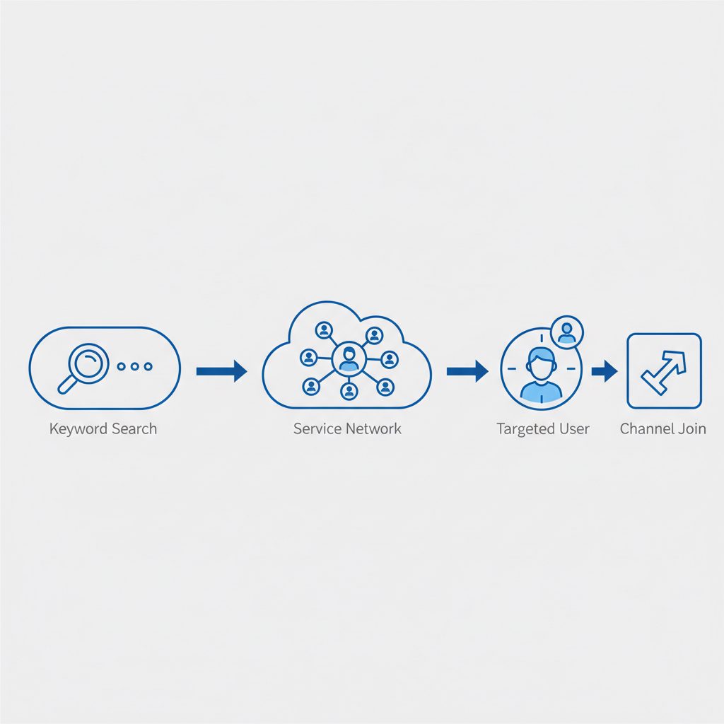 A diagram illustrating how a Telegram keyword joins service works. An icon of a search bar with a keyword flows to an icon of a network of.