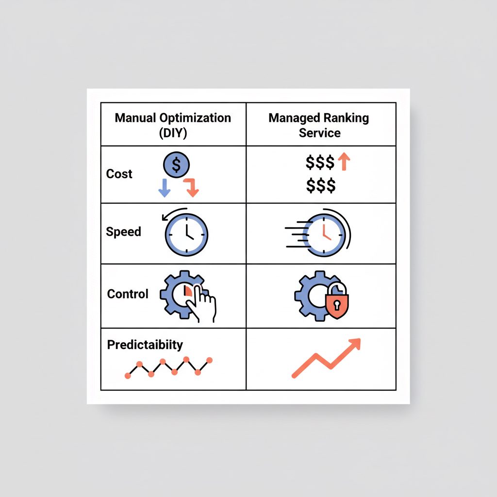 A comparison table graphic contrasting 'Manual Optimization' versus a 'Managed Ranking Service' for Telegram channel search visibility.