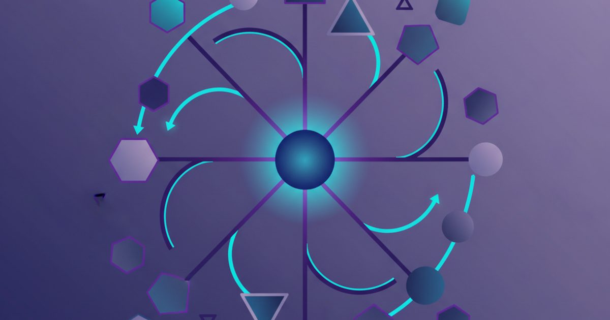 An abstract illustration representing the Telegram global search algorithm, with a central query point connecting to various channels and posts.