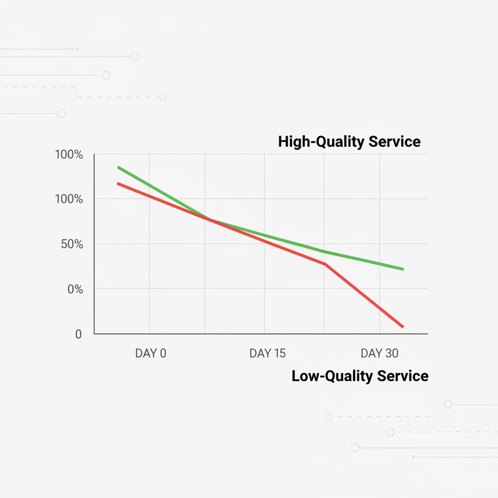 A graph showing a healthy subscriber retention curve versus a sharp drop-off from a low-quality service.