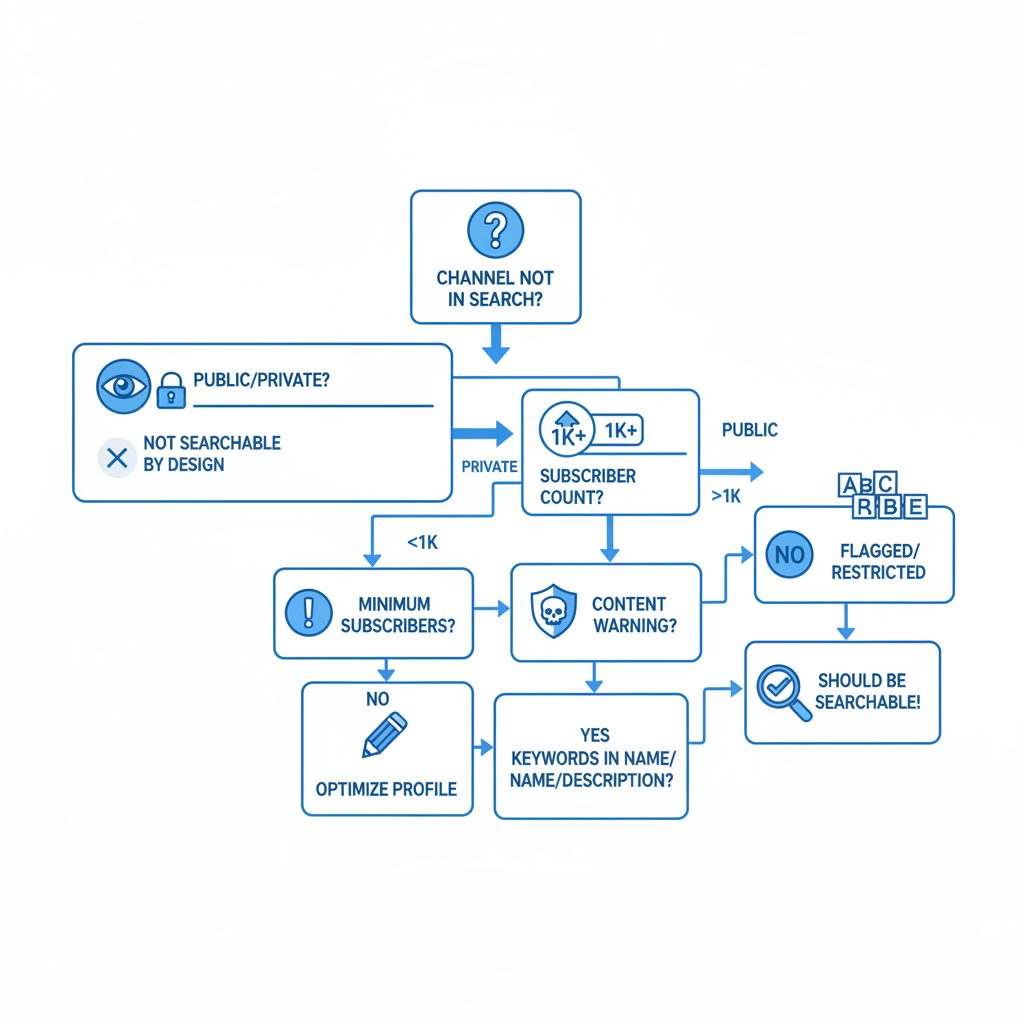 Flowchart for diagnosing why a Telegram channel is not in search, covering public status, subscriber count, content policy, and keywords.