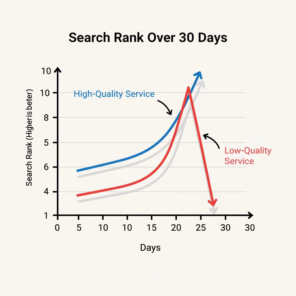 A graph illustrating the difference between a high-quality and low-quality Telegram search optimization service over 30 days. The.