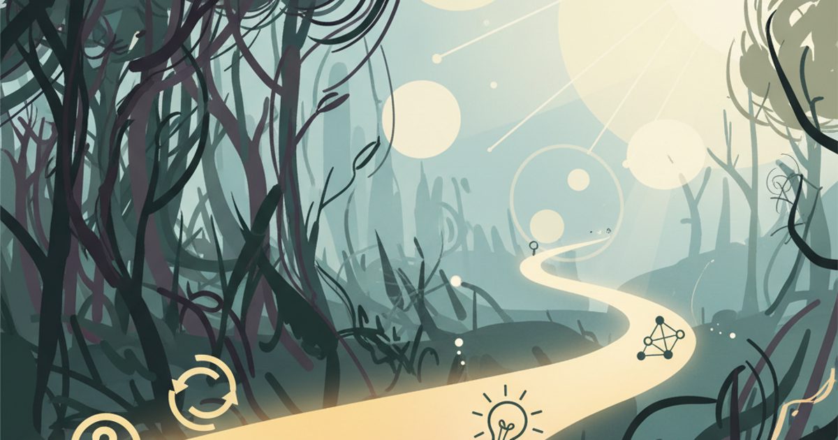 An abstract image showing a clear path labeled with search icons leading out of a complex maze, symbolizing how to make a Telegram channel.