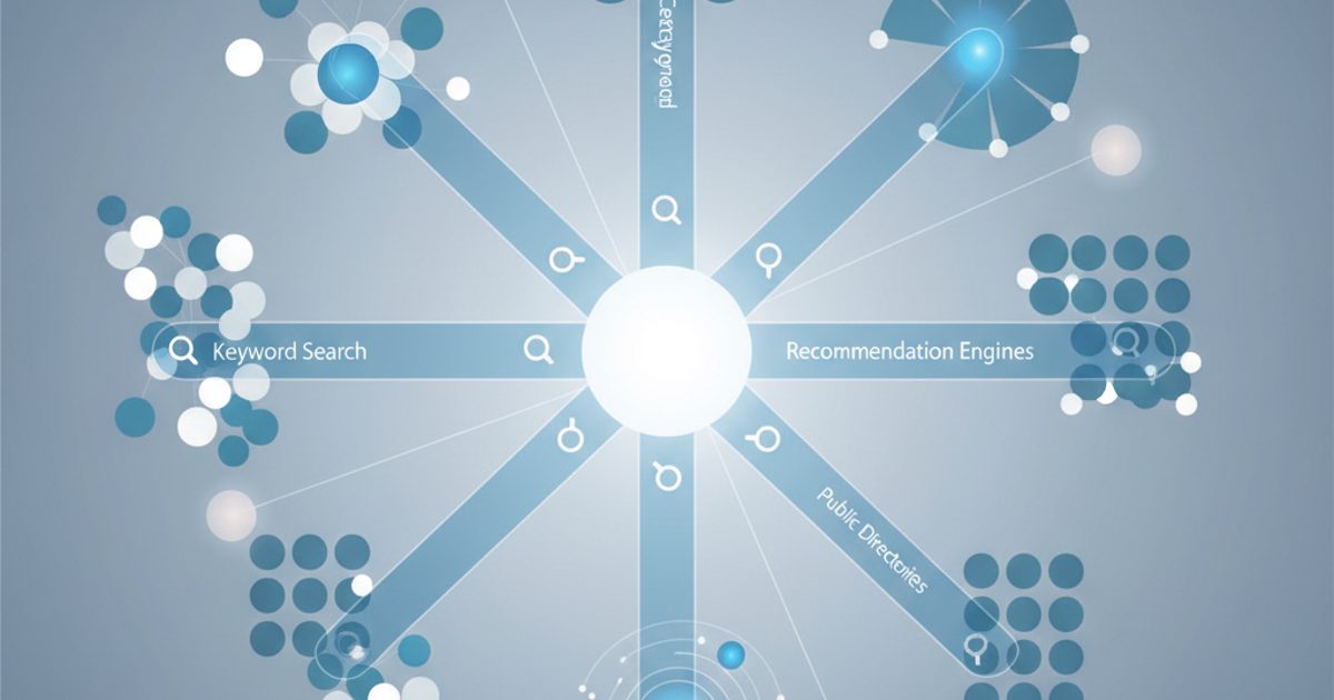 An abstract illustration depicting different paths for a Telegram channel search, with search bars leading to networks of channels.