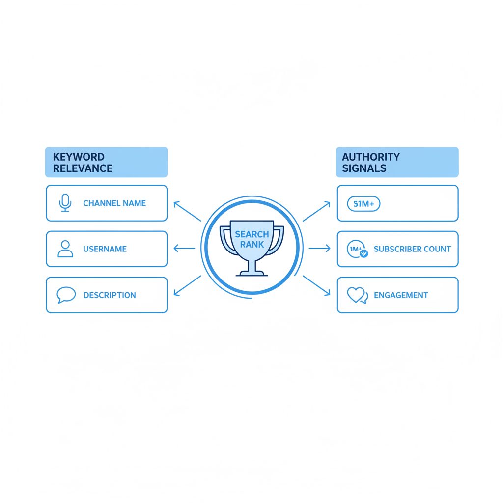 Diagram of Telegram SEO factors like keyword relevance and authority signals (subscribers, engagement) that determine search ranking.