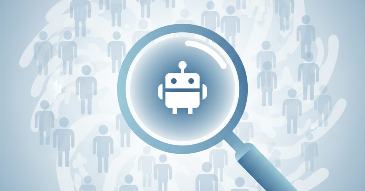 An illustration showing a magnifying glass centered on a bot icon, with faint user profiles in the background, symbolizing the process of.