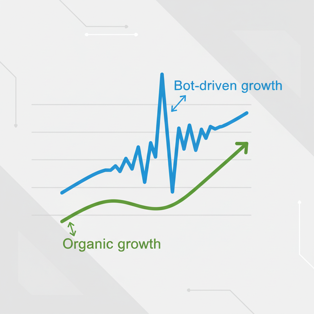 A graph comparing a smooth organic subscriber growth curve against a sudden, jagged spike indicating inorganic bot activity.
