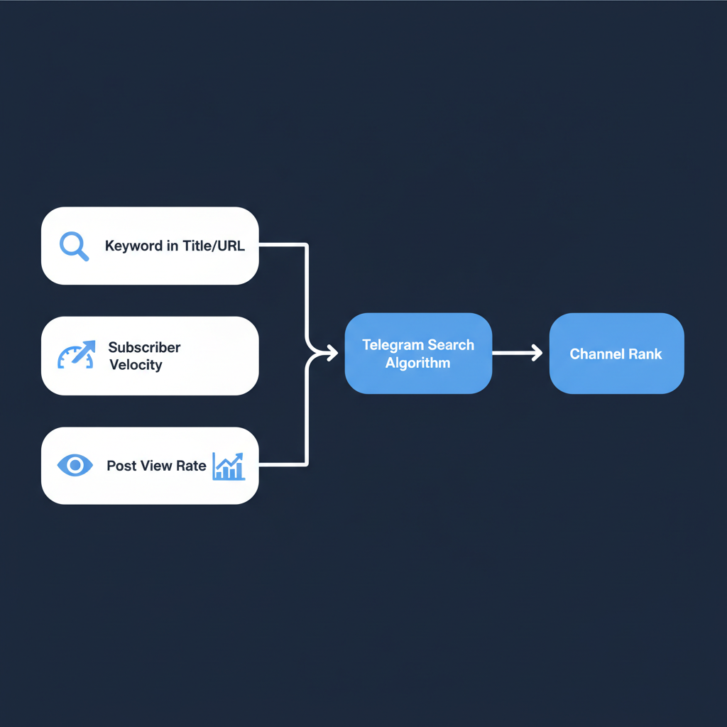 A diagram showing how keywords, subscriber growth, and post engagement feed into the Telegram search ranking algorithm.