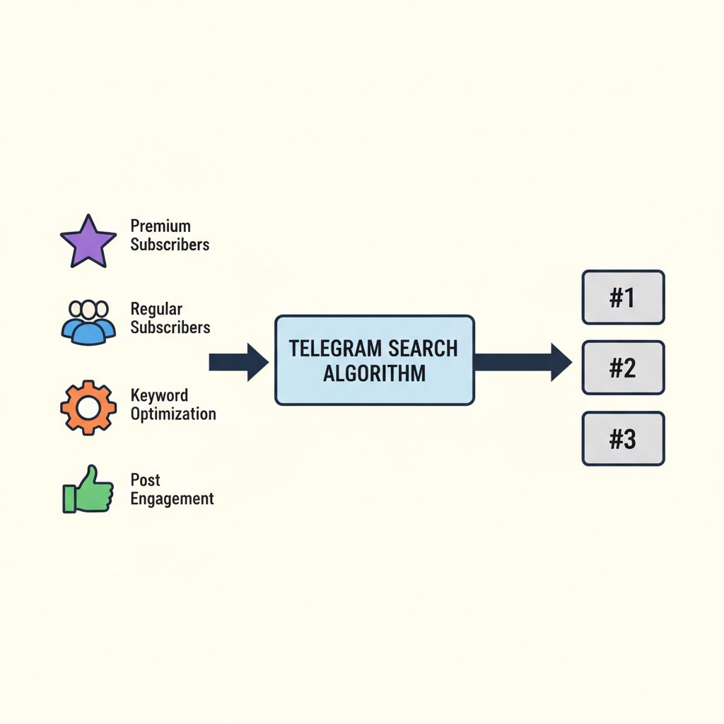 A flowchart diagram showing the primary Telegram ranking signals. Icons for Premium Subscribers, Regular Subscribers, Keyword Optimization, and Post Engagement all point arrows toward a central box labeled 'Telegram Search Algorithm', which in turn points to a ranked list of channels.