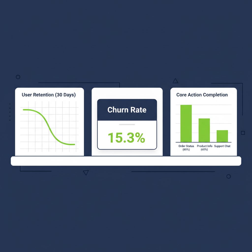 A dashboard interface showing key metrics for a Telegram bot's performance, including user retention rate over 30 days, churn rate, and.