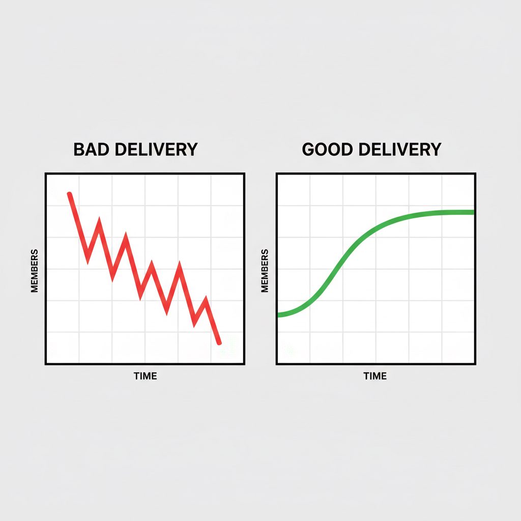 A chart comparing a bad delivery (a sharp, immediate spike in members followed by a rapid decline) versus a good delivery (a gradual.