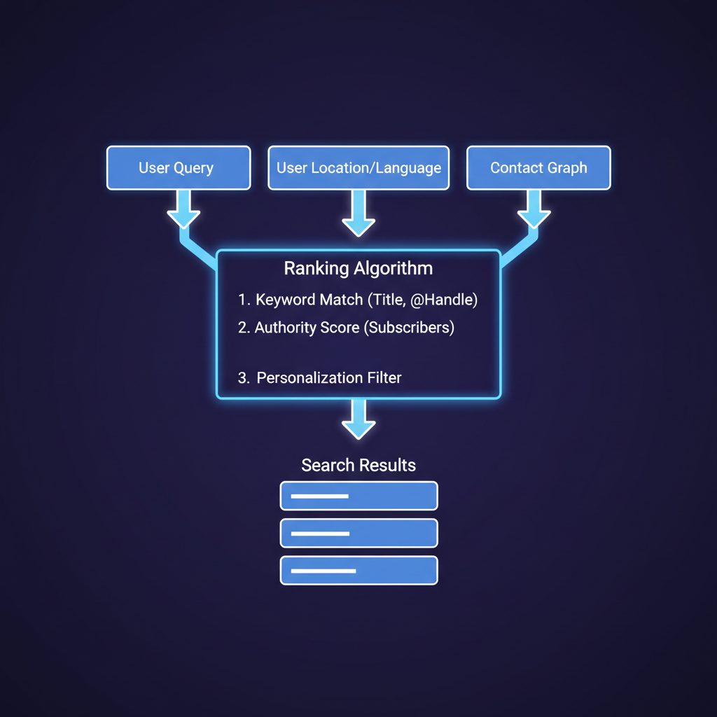 A flowchart of the Telegram global search algorithm, showing user inputs leading to personalized channel and post results.