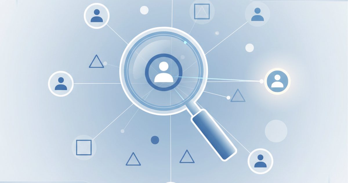An illustration representing a Telegram keyword joins service, with a magnifying glass targeting a specific user within a network.