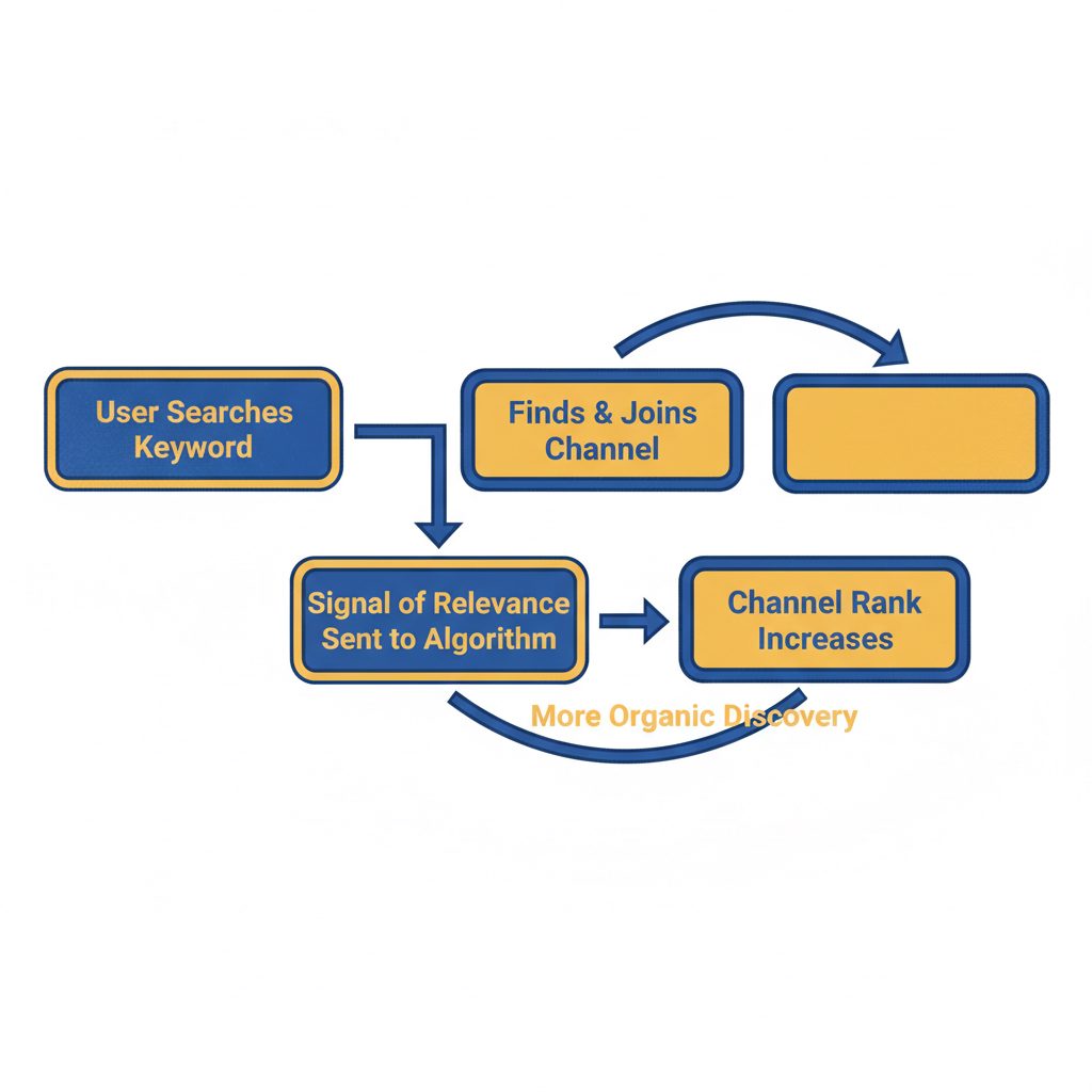A diagram showing a positive feedback loop for Telegram search ranking. A user searches a keyword, finds a channel, and joins. This signals.